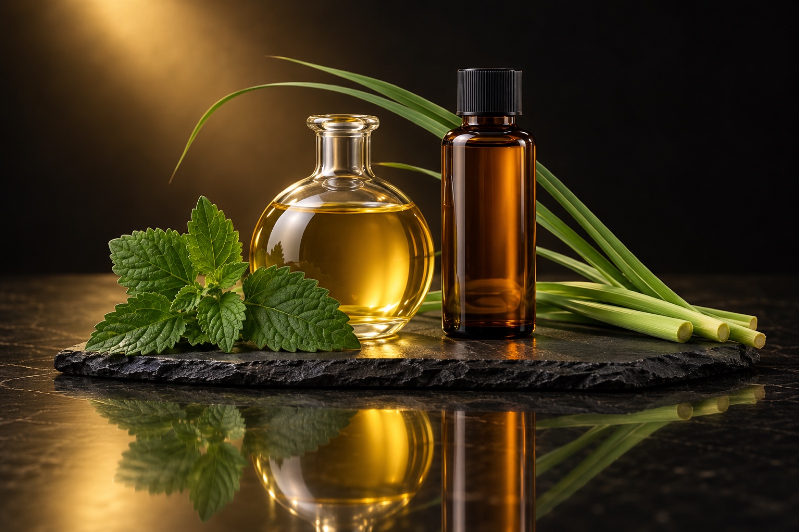 Illustrative studio photograph: Golden oil flask and amber bottle with botanical leaves