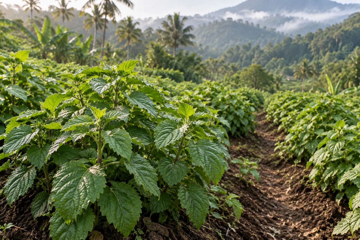 Illustrative patchouli plantation with broad textured green leaves